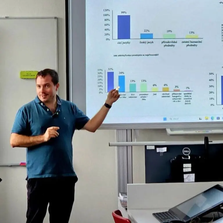 Učitel prezentuje data z výzkumu na projektoru